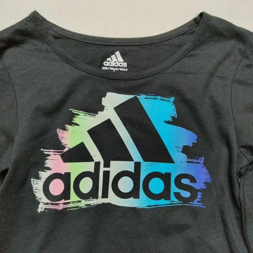 ADIDAS Girls Youth Size 6 Black Graphic Logo Long Sleeve Shirt‎ NEW